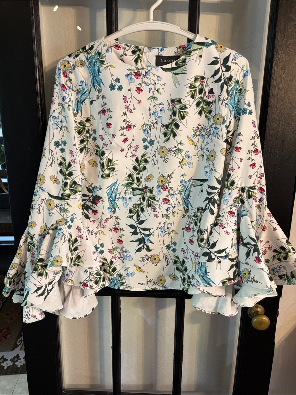 Gracia White Floral Ruffle Sleeve Blouse with Blue, Yellow and Pink Accents